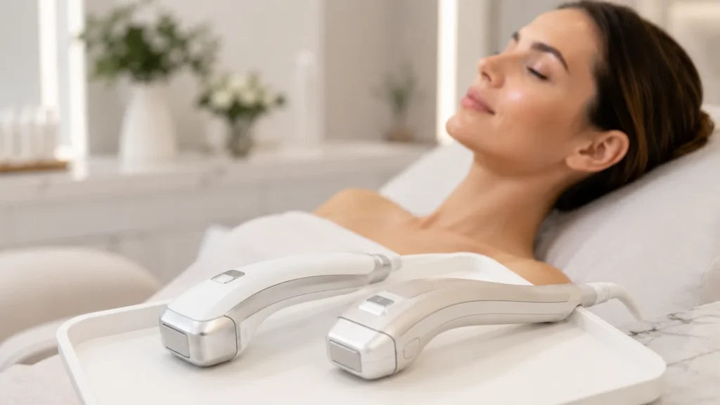 Deux dispositifs de raffermissement cutané sur un plateau en clinique — HIFU ou RF microneedling