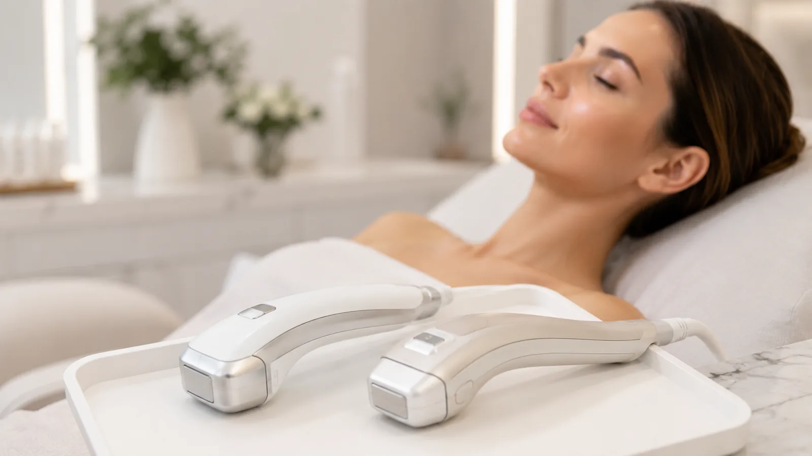 Deux dispositifs de raffermissement cutané sur un plateau en clinique — HIFU ou RF microneedling