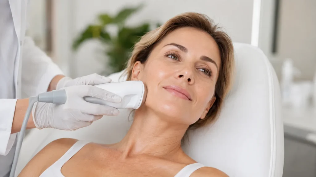 Séance de HIFU du visage, sonde à ultrasons focalisés appliquée sur la peau du visage pour raffermir