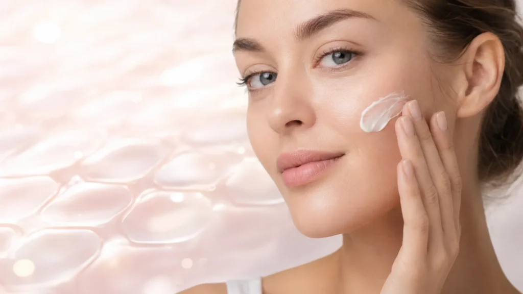 Illustration du microbiome cutane et du soin de la peau avec bacteries protectrices a la surface