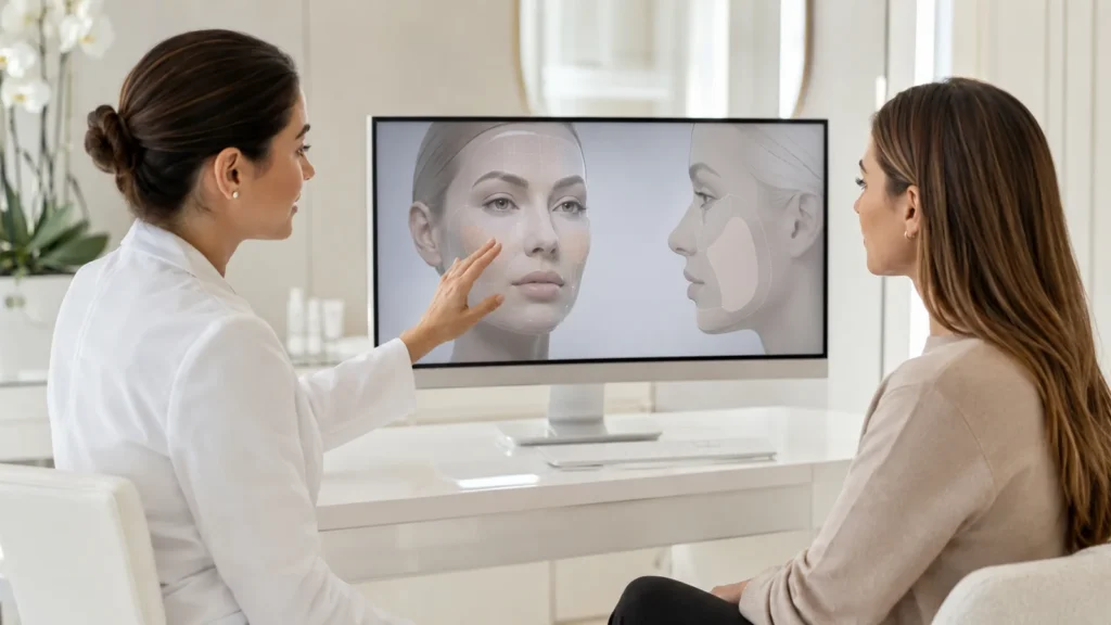 Simulation IA médecine esthétique : modélisation 3D du visage projetée sur un écran en cabinet
